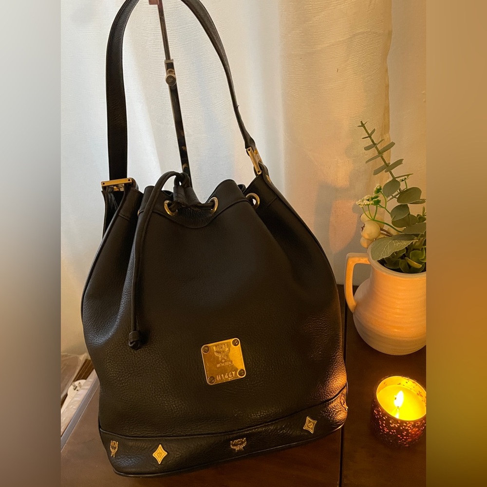 MCM Black Leather Bucket Bag